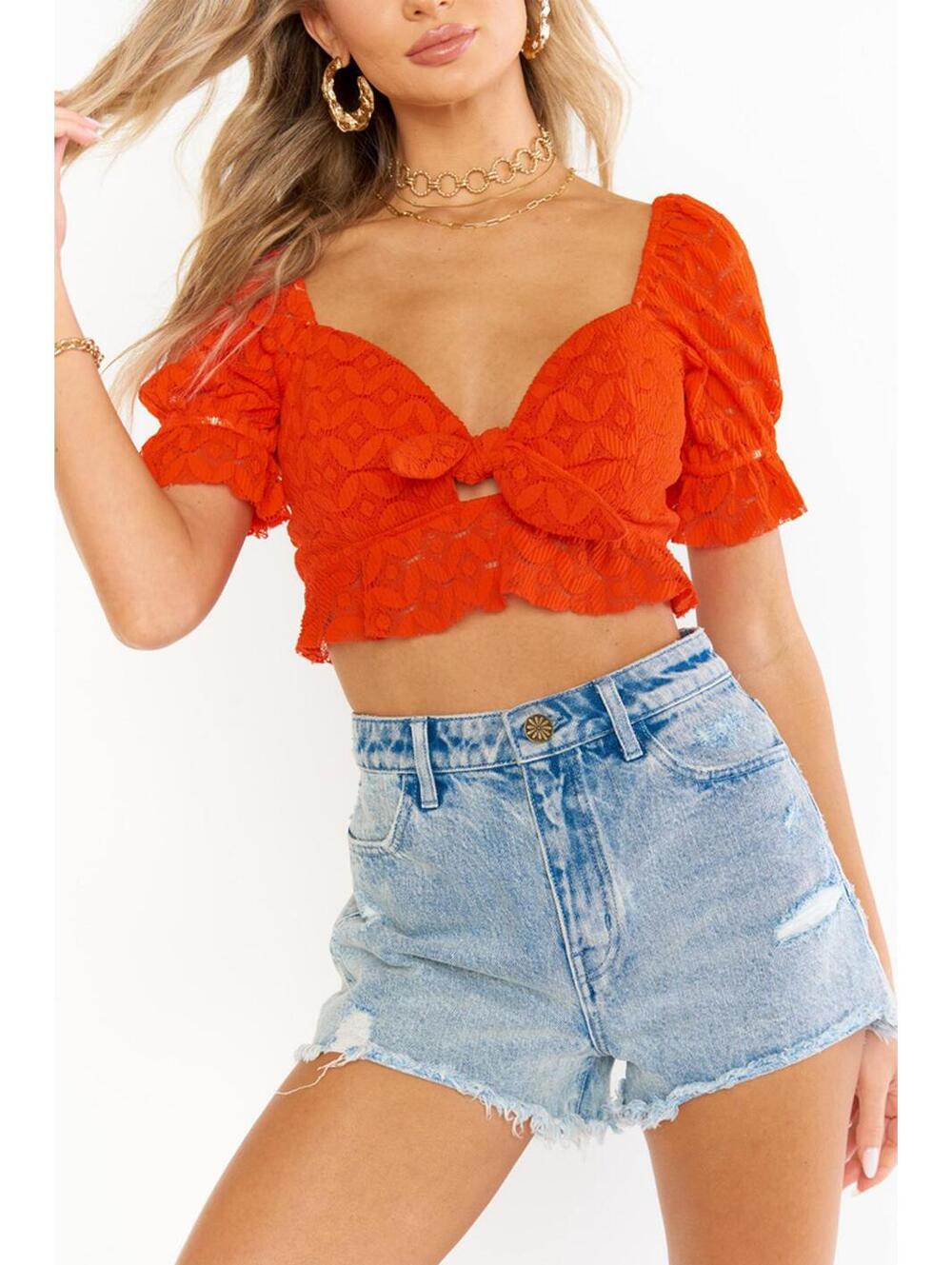 Show Me Your Mumu Red Coco Crop Lace Top M Puff Sleeve Festival Summer Boho